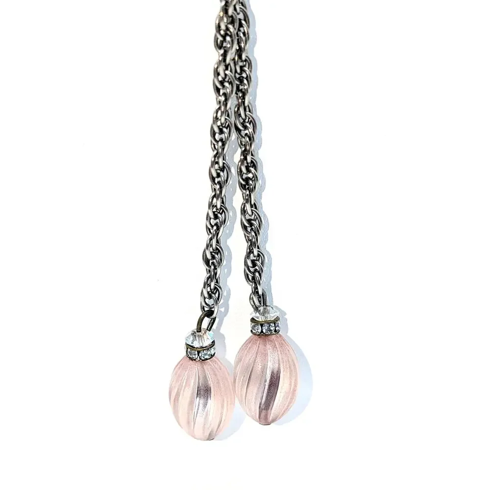Vtg Art Deco Style Pink Swirl & Crystal Bead Silver Tone Dangle Chain Necklace